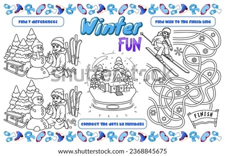 Festive placemat for children. Printable activity sheet "Winter fun" with a labyrinth, connect the dots, and find the differences. 17x11 inch printable vector file