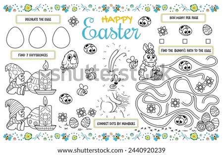 Festive placemat for children. Printable activity sheet "Happy Easter" with a labyrinth, connect the dots and find the same. 17x11 inch printable vector file	