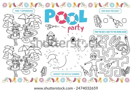 Festive placemat for children. Printable activity sheet "Pool party" with a labyrinth, connect the dots, find the difference. 17x11 inch printable. Vector file