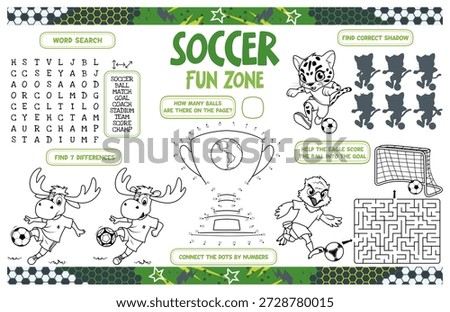Festive placemat for children. Printable activity sheet "Soccer fun zone" with a labyrinth, connect the dots, find the difference. 17x11 inch printable vector file	