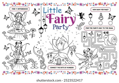 Festive placemat for children. Printable "Little fairy party" activity sheet with a maze, dot to dot game, and find differences. 17x11 inch printable vector file	