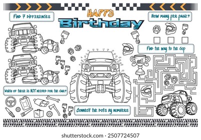 Festive placemat for children. Printable a Monster Truck-themed Happy Birthday sheet for boys with a maze, connect the dots, and find the challenge of the difference. 17x11 inch printable vector file