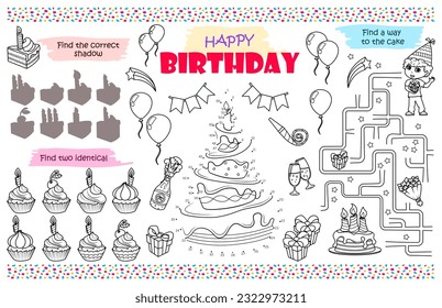 Festive placemat for children. Printed activity sheet "Happy Birthday" with a maze, connect the dots, and find the difference. 17x11 inch printable vector file