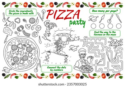 La servilleta festiva para niños con tareas. Imprimible "Pizza Party" con laberinto, conectar los puntos y el libro de colorear. archivo vectorial de 17x11 pulgadas imprimible