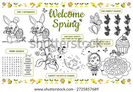 Festive placemat for kids. Printable activity sheet "Welcome spring" with a labyrinth, connect the dots, and a coloring page. 17x11 inch printable vector file	