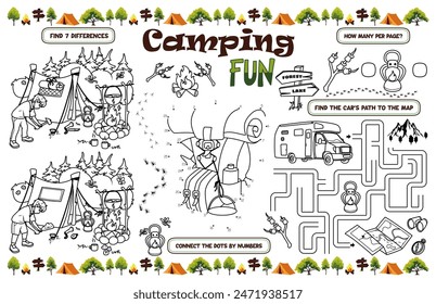 Mantel festivo para niños. Hoja imprimible "Camping fun" con un laberinto, conectar los puntos, y una página para colorear. Archivo de Vector imprimible de 17x11 pulgadas