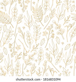 Festive plants holly berry, laurel leaves and spruce twigs seamless pattern, in doodle style,  xmas American traditional modern ornate for New Year, print for paper on white background.