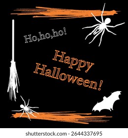 A festive and playful Halloween illustration featuring the text "Happy Halloween!" in orange, surrounded by white outlines of a witch's broom, two spiders, and a bat.