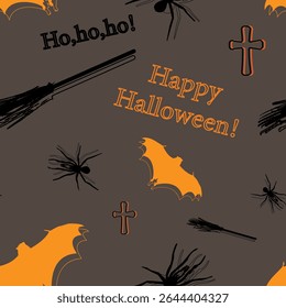 Um festivo e brincalhão Halloween sem costura padrão com vários elementos como "Feliz Halloween!" texto, "Ho, ho, ho!" texto, vassouras de bruxa, aranhas, morcegos, e cruzes.
