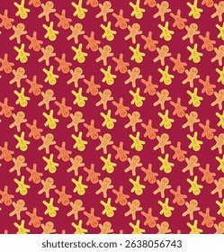 A Festive and Playful Seamless Pattern Featuring Rows of Stylized Gingerbread Men and Star-Shaped Cookies in Various Shades of Orange and Yellow on a Deep Red Background.