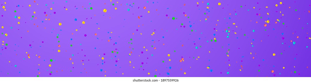 Festive pleasant confetti. Celebration stars. Bright confetti on violet background. Admirable festive overlay template. Panoramic vector background.