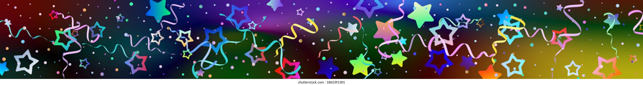 Festive pleasing confetti. Admirable festive pattern falling multi colored ribbon, confetti, stars. Bright sparkling background with random particles falling. Panoramic vector background for carnival