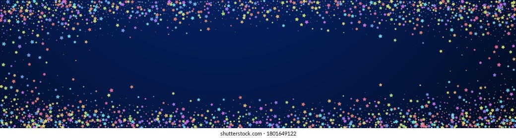 Festive pleasing confetti. Celebration stars. Colorful stars small on dark blue background. Alluring festive overlay template. Panoramic vector background.