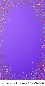 Festive pleasing confetti. Celebration stars. Rainbow bright stars on violet background. Favorable festive overlay template. Vertical vector background.