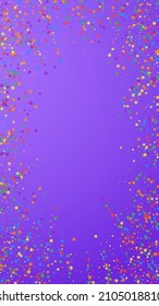 Festive pleasing confetti. Celebration stars. Rainbow bright stars on violet background. Fetching festive overlay template. Vertical vector background.