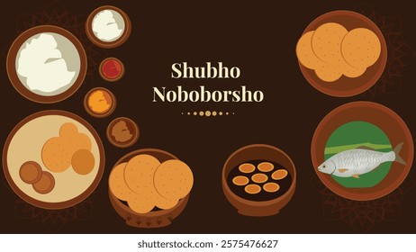 A festive Pohela Boishakh (Bengali New Year) greeting featuring traditional Bengali dishes like fish, sweets, and rice with "Shubho Noboborsho" text