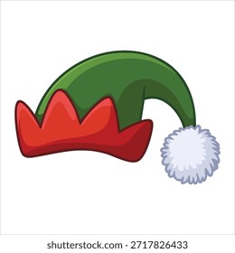 Sombrero puntiagudo festivo con el traje alegre del ayudante del elfo Ilustración vectorial aislada en el fondo blanco