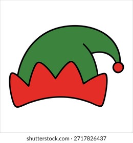 Sombrero puntiagudo festivo con el traje alegre del ayudante del elfo Ilustración vectorial aislada en el fondo blanco