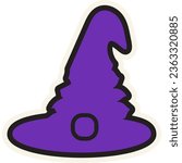 Festive pointed sorcerer hat stroked sticker. Holiday festive badge emblem. sorcerer headgear element for scrap booking, greeting card, party invitation. Color vector isolated on white background