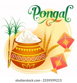 A festive Pongal celebration with a traditional clay pot filled with milk and rice sugarcane wheat stalks colorful kites and the word Pongal in festive font capturing the festival's vibrant joy