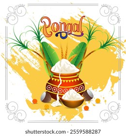 
A festive Pongal illustration featuring a decorated pot with rice and milk sugarcane banana leaves wheat stalks coconuts and the word Pongal in a festive font