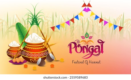 A festive Pongal illustration featuring two decorated clay pots filled with milk and rice sugarcane banana leaves coconuts wheat stalks colorful flags and the word Pongal with Festival of Haarvest