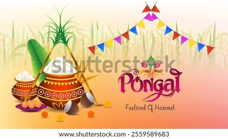 A festive Pongal illustration featuring two decorated clay pots filled with milk and rice sugarcane banana leaves coconuts wheat stalks colorful flags and the word Pongal with Festival of Haarvest