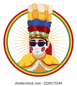 Festive portrait of Congo dancer from Barranquilla's Carnival inside round button decorated in the border with the colors flag of this Colombian city.