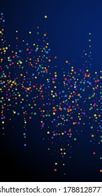 Festive posh confetti. Celebration stars. Colorful confetti on dark blue background. Fresh festive overlay template. Vertical vector background.