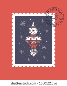 Festive postage stamp with Christmas tree toy, snowflakes and stamp print. Greeting card template for happy New Year holidays in flat style. Winter vector illustration on a red background.