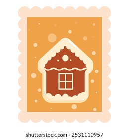 Festive postage stamp featuring a gingerbread house covered in snow is wishing you happy holidays