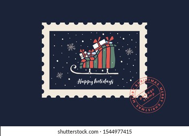 Sello de correos festivo con un trineo lleno de regalos y una impresión del sello. Postal en estilo de sellos postales.Feliz Navidad y Feliz Año Nuevo. Ilustración vectorial invernal en fondo oscuro.