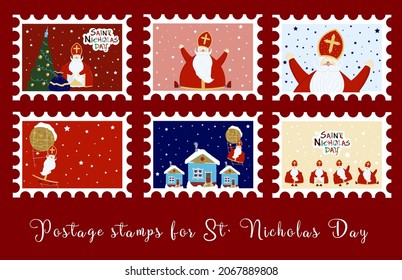 Festive postage stamps. Stamps for the day of St. Nicholas. Congratulations on the holiday. Sinterklaas eve. Old man. Christian character. Gifts for babies. CREATIVE ENVELOPE STICKERS. VECTOR ILLUSTRA