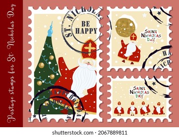 Festive postage stamps. Stamps for the day of St. Nicholas. Congratulations on the holiday. Sinterklaas eve. Old man. Christian character. Gifts for babies. CREATIVE ENVELOPE STICKERS. VECTOR ILLUSTRA