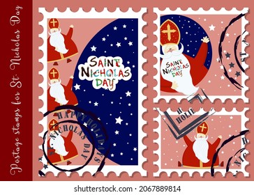 Festive postage stamps. Stamps for the day of St. Nicholas. Congratulations on the holiday. Sinterklaas eve. Old man. Christian character. Gifts for babies. CREATIVE ENVELOPE STICKERS. VECTOR ILLUSTRA