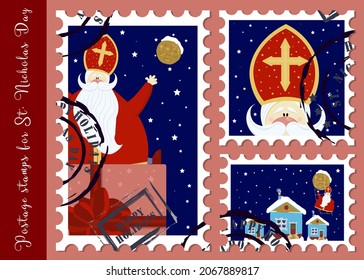 Festive postage stamps. Stamps for the day of St. Nicholas. Congratulations on the holiday. Sinterklaas eve. Old man. Christian character. Gifts for babies. CREATIVE ENVELOPE STICKERS. VECTOR ILLUSTRA
