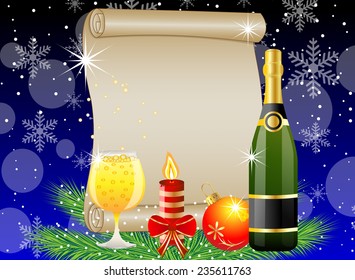 festive postal with champagne and christmas decoration,vector illustration