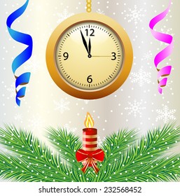 festive postal with a clock, candle and green branches,vector illustration