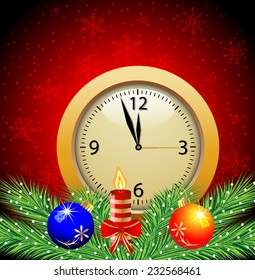 festive postal with a clock, candle and green branches with toys,vector illustration