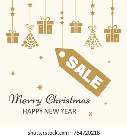 Festive postcard, background for Christmas. Golden gift boxes and christmas trees, price tag SALE and inscription Merry Christmas, Happy New Year. Vector illustration