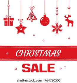 Festive postcard, background for Christmas. Red gift boxes and christmas trees, snowflake and inscription CHRISTMAS SALE. Vector illustration