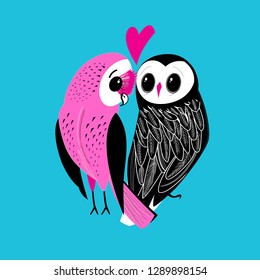 Festive postcard of big owls in love among hearts on a light background