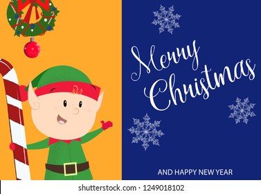 Festive postcard design with Christmas elf. Merry Christmas and Happy New Year inscription with elf holding candy cane orange and blue background. Can be used for postcards, invitations 