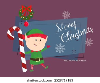 Festive postcard design with Christmas elf. Merry Christmas and Happy New Year inscription with elf holding candy cane orange and blue background. Can be used for postcards, invitations