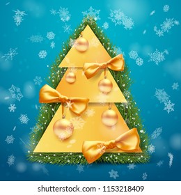 festive postcard design and congratulations. Christmas tree with Christmas tree toys. joyful vector template