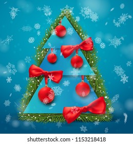 festive postcard design and congratulations. Christmas tree with Christmas tree toys. joyful vector template