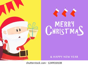 Festive postcard design with Santa Claus. Creative inscription with Santa Claus holding gift box on yellow and purple background. Can be used for postcards, invitations, greeting cards
