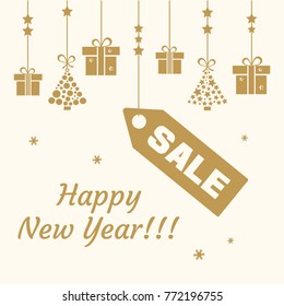 Festive postcard. Golden gift boxes end christmas trees, price tag SALE and inscription Happy New Year. Vector illustration