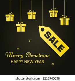 Festive postcard. Hanging golden gift boxes and price tag SALE and inscription Merry Christmas, Happy New Year on black background. Vector illustration