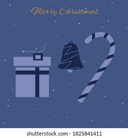Festive postcard with the inscription "Merry Christmas". Holiday elements, gifts, surprises symbolize New Year's Eve. Vector flat style illustration

